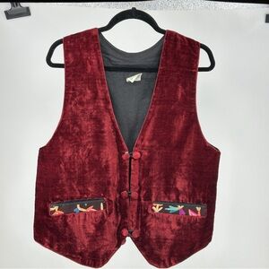 Large Vintage‎ Velvet Burgundy Vest with colorful Embroidered Patterned Pockets